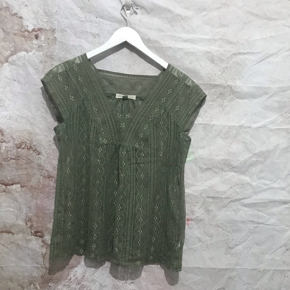 Fossil Army Green Sheer Laced Cotton Blend Oversize Small Top~ - Picture 2 of 4